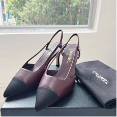 [斷碼36.5] Chanel Slingback 皮拼絹布高跟鞋連禮盒 (深紫紅拼黑色)